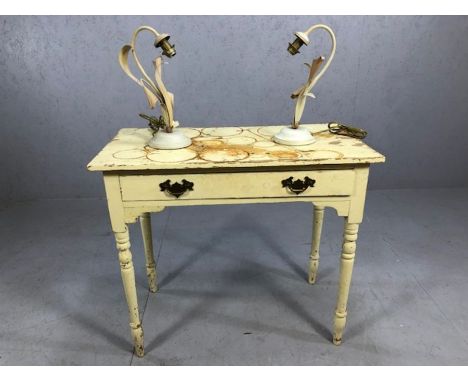 Vintage pine painted console table or desk, with single drawer, and a pair of vintage lamps