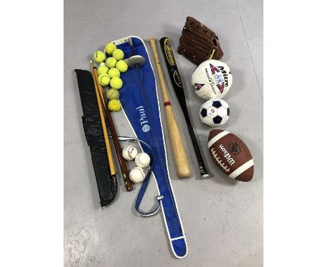 Collection of sporting equipment, some vintage, to include baseball glove and balls, an American football, further footballs,