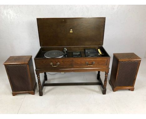 Dynatron vintage music cabinet containing Garrard 35SB turntable, accompanied by matching speakers