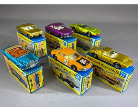 Six boxed Matchbox Superfast diecast model vehicles: 33 Lamborghini Mura P400, 36 Opel Diplomat, 52 Dodge Charger MK III, 56 