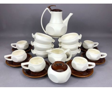 Vintage 1970s ceramic tea / coffee set in matt white and lustre brown by maker CERBOL, to include six cups and saucers, coffe