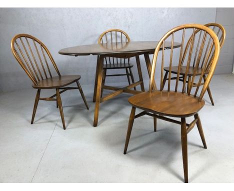 Ercol 'Golden Dawn' drop leaf table, approx 113cm x 125cm (fully extended) accompanied by four Ercol spindle back chairs