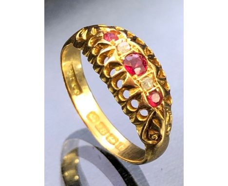 Antique 18ct Gold Ruby and Diamond ring, Three Rubies and two diamonds in a pierced setting size 'L'