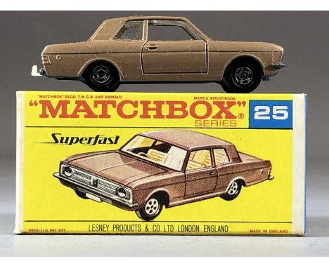 Boxed Diecast vehicle: Matchbox series No.25 Ford Cortina G.T. in beige or metallic light brown with cream interior
