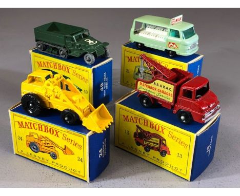 Four boxed Matchbox Series diecast model vehicles: 13 Wreck Truck, 21 Milk Delivery Truck, 24 Hydraulic Excavator, 49 Army Ha