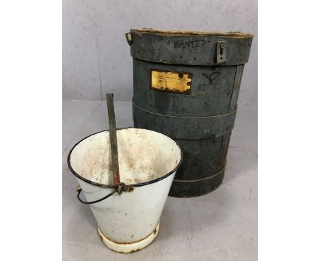 Vintage items including circular wooden and metal bound barrel/box approx 56cm in height, enamel bucket and ladle