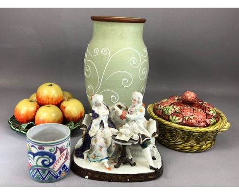 Collection of ceramics to include a Sarreguemines majolica lidded fruit-themed dish, ceramic apples on a plate, a ceramic fig