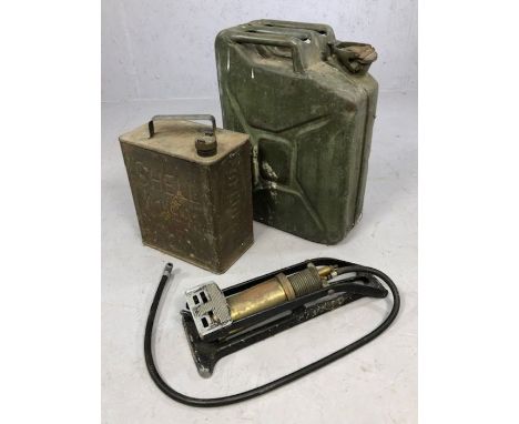 Two vintage fuel cans, the smaller by Shell and a Dunlop foot pump 
