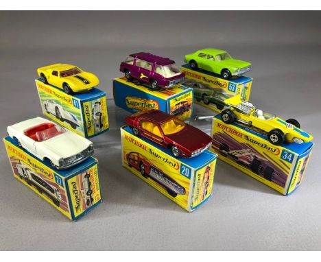 Six boxed Matchbox Superfast diecast model vehicles: 22 Freeman Inter-City Commuter, 20 Lamborghini Marzal, 27 Mercedes 230 S