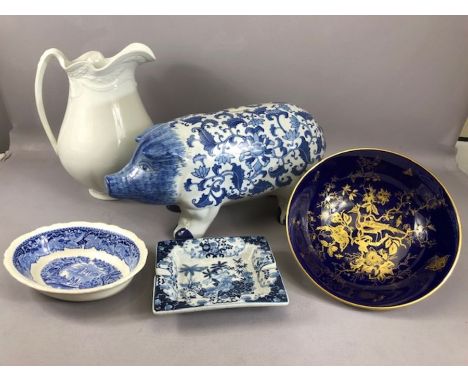 Collection of ceramics to include Coalport fruit bowl raised on three feet with blue, white and gilt decoration, large Burlei