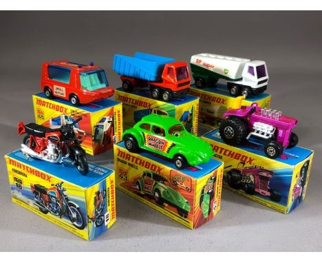 Six boxed Matchbox Superfast diecast model vehicles: 18 Hondadora, MOD Tractor, 43 Dragon Wheels, 46 Stretcha Fetcha, 50 Arti