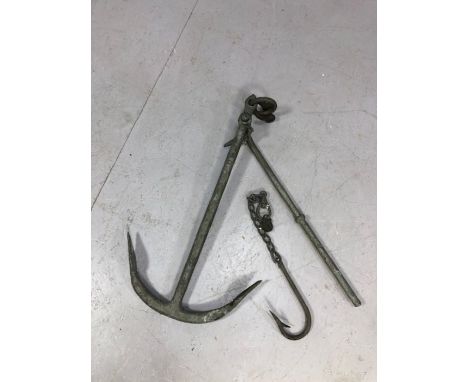 Nautical interest: vintage metal anchor and hook on chain, anchor approx 66cm in length