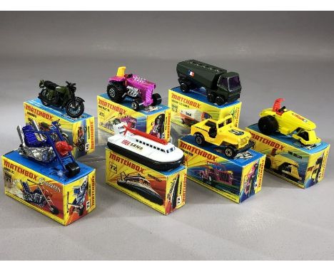 Seven boxed Matchbox Superfast diecast model vehicles: 2 Jeep Hot Rod, 18 Hondarora, 21 Rod Roller, 25 MOD Tractor, 63 Freewa