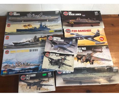 AIRFIX -72 1/72 Scale Model Kits boxed along with 1:600 scale HMS Arc Royal and others. war planes and war ships (11)