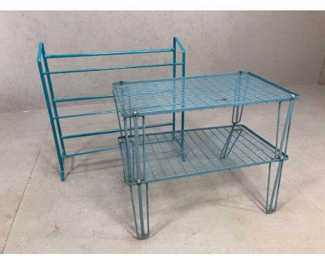 Vintage blue metal shelving unit along with small blue metal vintage shoe rack