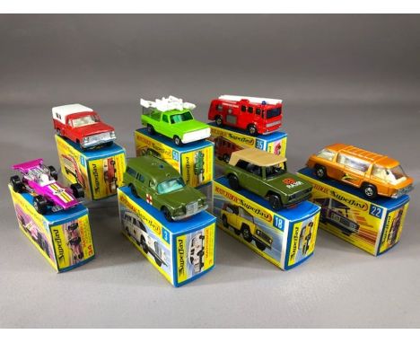 Seven boxed Matchbox Superfast diecast model vehicles: 3 Mercedes Benz Binz Ambulance, 6 Ford Pick-Up, 18 Field Car, 22 Freem