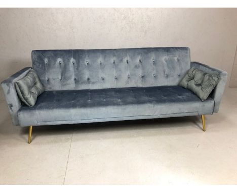 Blue grey velvet button back three seater sofa bed, folds to create small double bed, approx 200cm in length