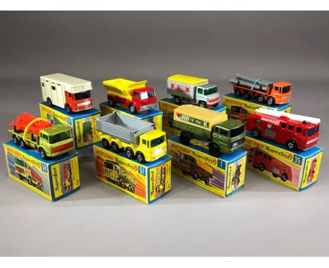 Eight boxed Matchbox Superfast diecast model vehicles: 1 Mercedes Truck, 10 Pipe Truck, 11 Scaffolding Truck, 17 Horse Box, 3