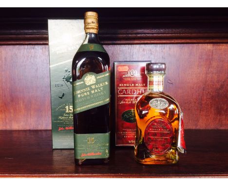 JOHNNIE WALKER PURE MALT 15 YEARS OLD - LITRE BOTTLE
Blended Malt Scotch Whisky. 
1L, 43% volume, in carton. 
CARDHU AGED 12 