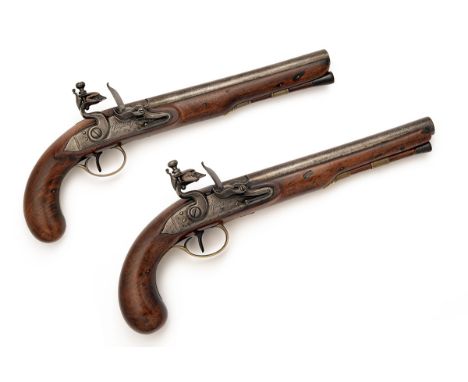 A PAIR OF 28-BORE FLINTLOCK DUELLING PISTOLS BY WOGDON, no visible serial numbers, circa 1780, with slightly swamped round 9i