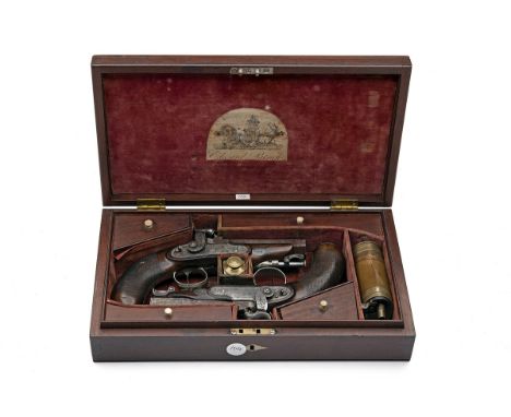 A CASED PAIR OF 22-BORE PERCUSSION OVERCOAT PISTOLS SIGNED E. PATRICK, no visible serial numbers, probably converted from fli