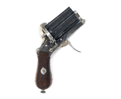 A GOOD 9mm PINFIRE LIEGE-MADE ENGRAVED PEPPERBOX REVOLVER, no visible serial number, circa 1870, 1 7/8in. fluted six shot cyl