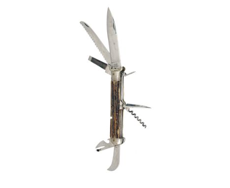 A SCARCE LARGE-SIZED MULTI-FUNCTION FOLDING SPORTSMAN'S KNIFE SIGNED LEPRE, MANIAGO, circa 1950, with 4 3/4in. spear-point lo