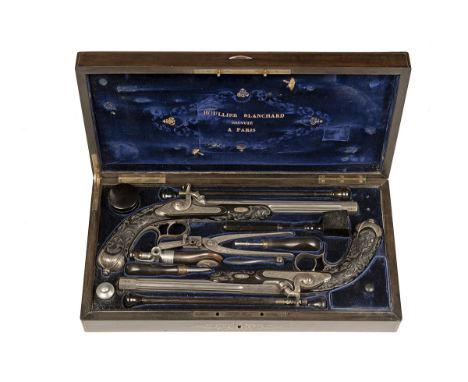 A MAGNIFICENT CASED PAIR OF 12mm PERCUSSION SILVER AND GILT DECORATED TARGET-PISTOLS SIGNED BLANCHARD, PARIS, no visible seri