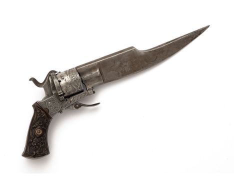 A 7mm PINFIRE DUMONTHIER PATENT KNIFE REVOLVER, no visible serial number, circa 1865, with 6in. blade etched with open scroll