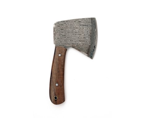 AN UNUSED DAMASCUS HATCHET, measuring 4in. from butt to bit, integral tang, grip scales, lanyard hole, with leather head cove