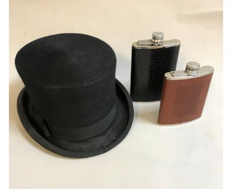 A Patey (London) Ltd black felt riding top hat together with an 8 oz hip flask and a 6 oz hip flask CONDITION REPORTS Both hi