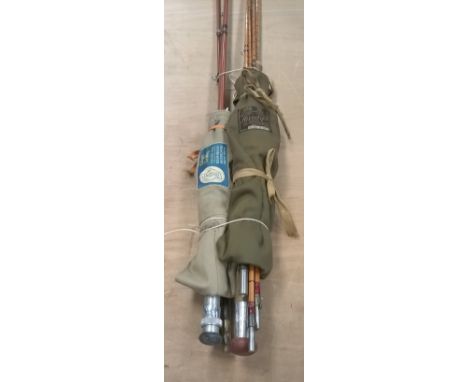 A Hardy "Number 2 AHE Wood" steel centred three piece split cane salmon fly rod complete with spare tip together with an Edga