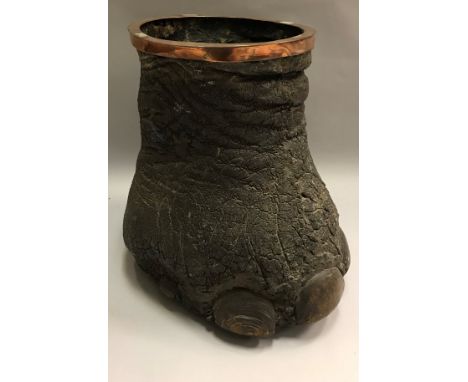 A circa 1900 Elephant foot stick stand or bin with copper rim