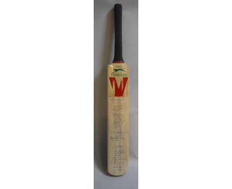 A Slazenger V cricket bat signed by the England and West Indies teams 1988 including Graham Gooch, Mike Gatting, David Gower 