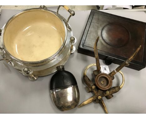 A collection of items comprising an antler mounted desk stand, a plated and leather vintage hip flask, a plated chafing dish 