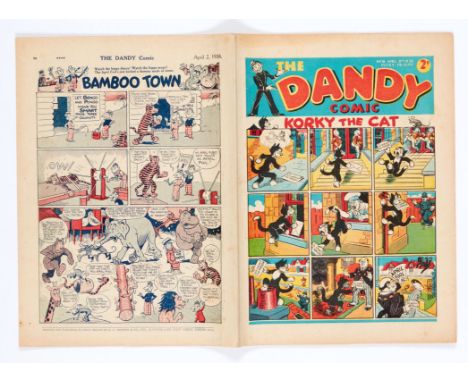 Dandy 18 (1938) first April Fool issue. Bright covers, cream pages. Narrow half-inch scrape hole to pg 6 with blemish to pg 7