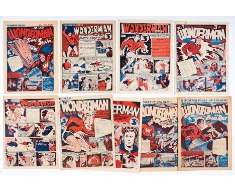 Wonderman (Paget Publ. 1948) 1 [fn], 2, 4, 5, 7, 8, 10, 12, 13. Starring Mick Anglo's first super-hero character, John Justic