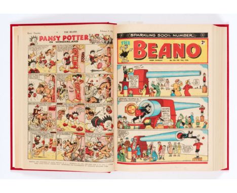 Beano (1952) 494-545. Complete year in bound volume. Dennis The Menace first front cover appearance with Biffo in issue 540, 