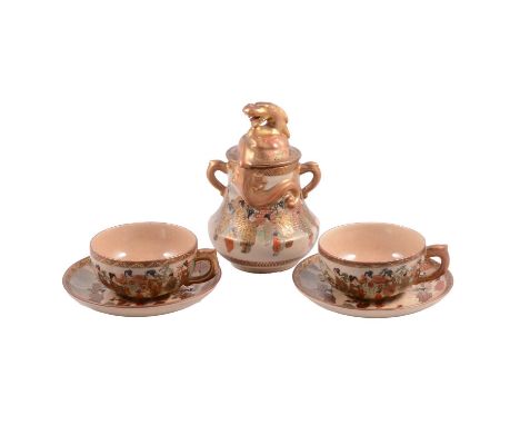 Japanese Satsuma jar and cover, dragon handles and finial, painted decoration of figures, painted mark, 16cm, and two similar