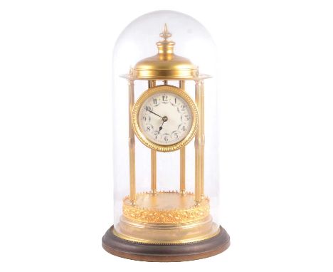 Anniversary clock, portico design, circular dial, Jahresuhrenfabrik / Schatz timepiece movement, under a dome, 42cm.Condition