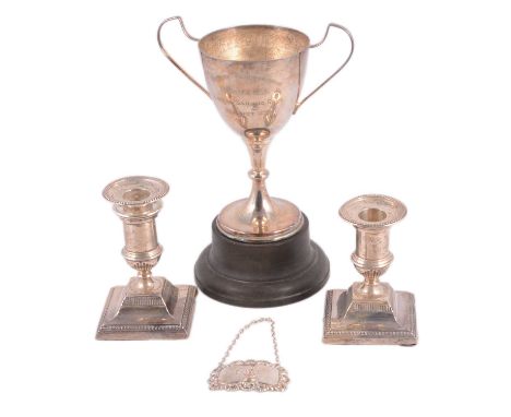 Silver Port decanter label, London 1969; pair of silver dwarf candlesticks,11cm, weighted; another silver candlestick, weight