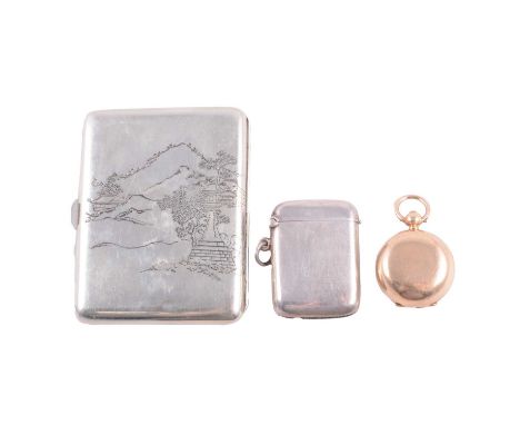 An Oriental white metal cigarette case, the outside engraved with a landscape scene, the inside engraved with the same scene 
