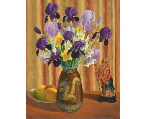V.J. Hamilton (20th century), Still life of spring lowers in a Chinese vase,oil on canvas board, signed verso,51x40cm.
