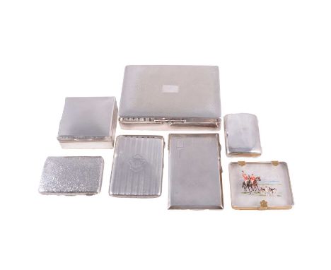Silver cigarette box, three silver cigarette cases, silver purse, painted cigarette case and plated cigarette box, total weig