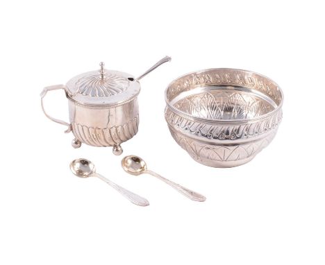 Georgian silver bowl, makers mark worn, London 1810; Victorian silver mustard with spoon; two silver salt spoons, total weigh