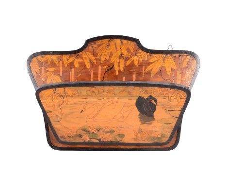 Continental decorative newspaper wall rack, stained wood with penwork, the backplate willows and catkins, the fall-front pane