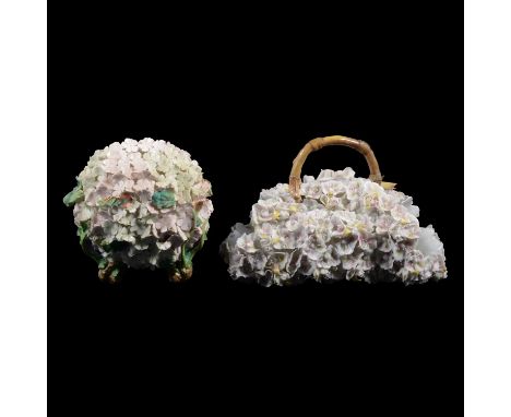 French porcelain Schneeballen vase, globe form encrusted with leaves and flowers, raised on three stump feet, diamond registr