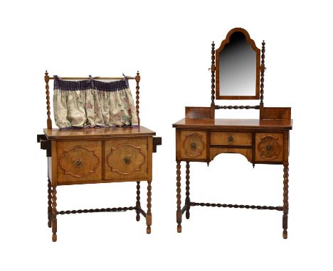 Walnut and burr walnut dressing table, with arched mirror, the base with three drawers, width 84cm, depth 50cm, height 152cm,