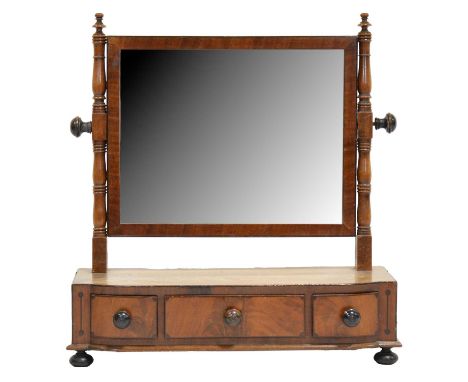 William IV mahogany toilet mirror, three drawers under, turned feet, width 49cm, depth 21cm, height 54cm.
