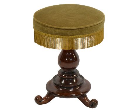 Victorian stained walnut adjustable piano stool, circular revolving seat, pear-shape column, on splayed legs, diameter 35cm, 